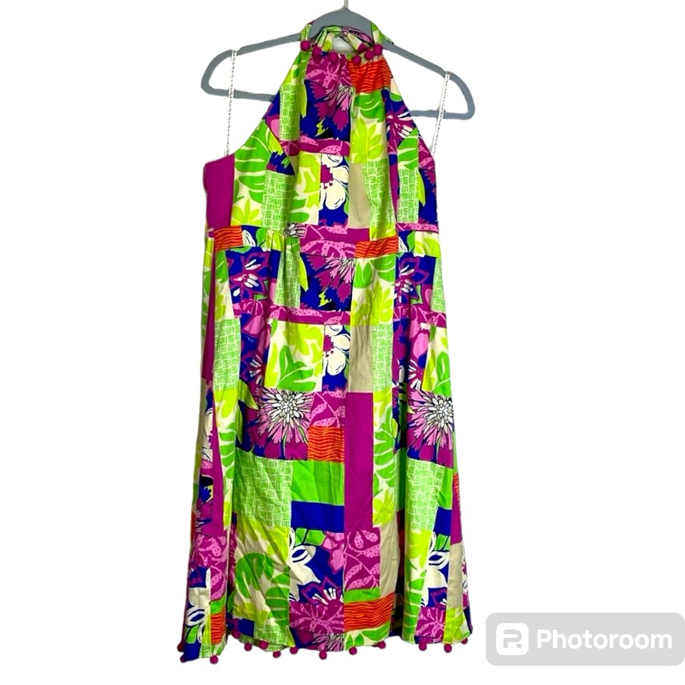 🌼 SIZE 14 Lilly Pulitzer Brighton Patchwork Pom Pom Trim Halter Sundress